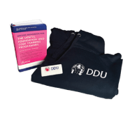 DDU Blue hoodie with Pink oxford dentistry book and a DDU name badge